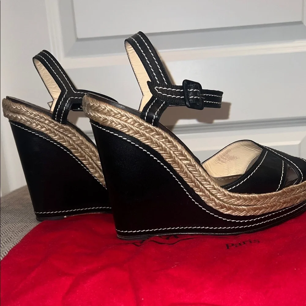 Christian Louboutin Black and Natural Espadrille Wedge Sandals